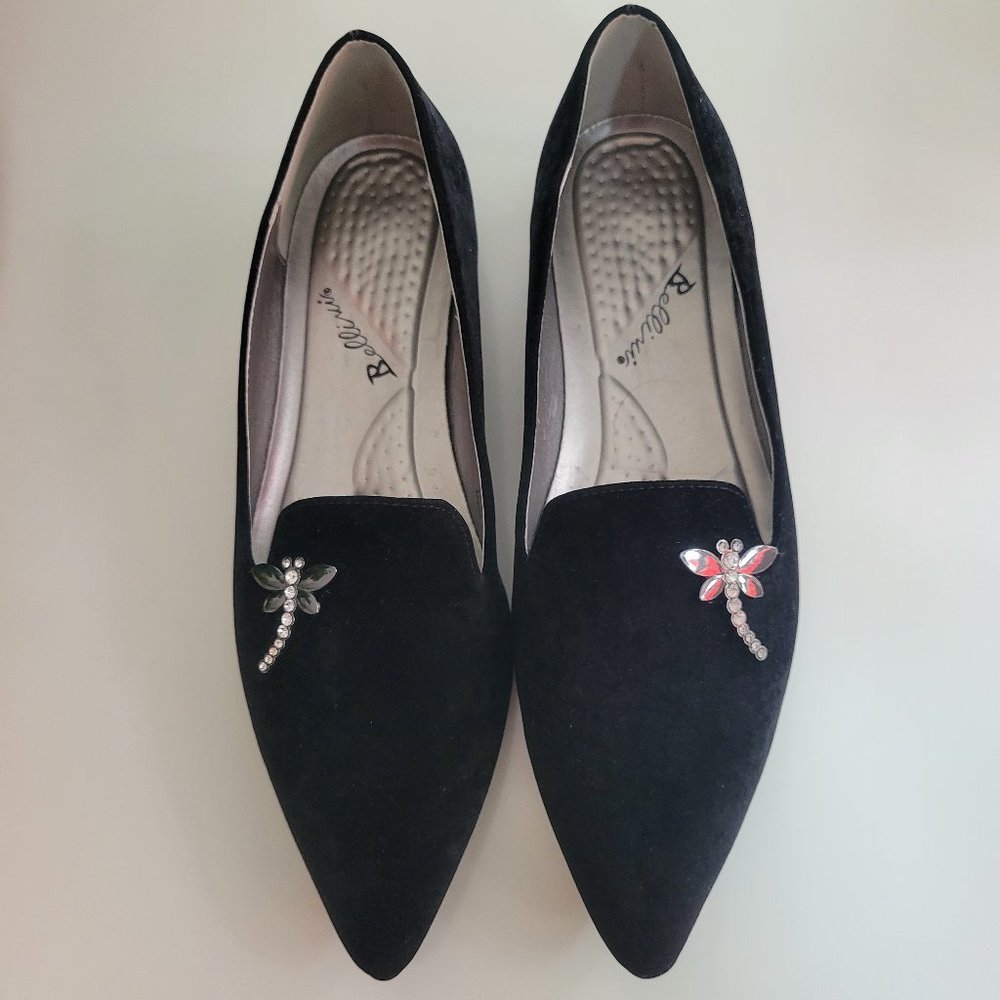Bellini Womens Dragonfly Black Velvet Embellished Loafers Shoes-Size 8